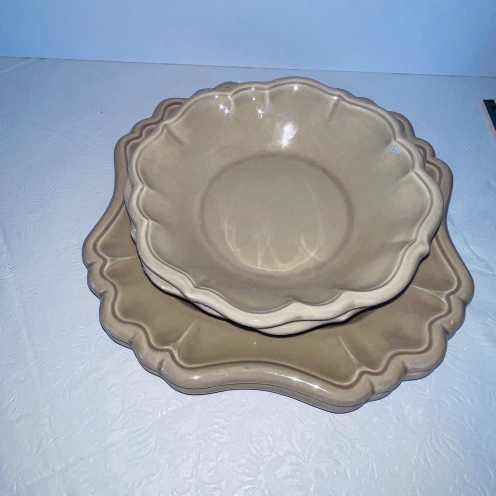 Varages France Scalloped Ceramic Bowl and Plate Set Taupe Tan 4 Piece Set